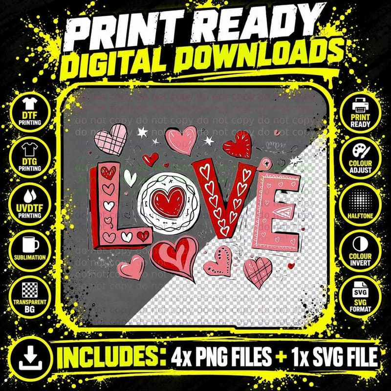 Love Doodle Hearts Sketchy Outline Hand-Drawn Style Png SVG Digital Bundle
