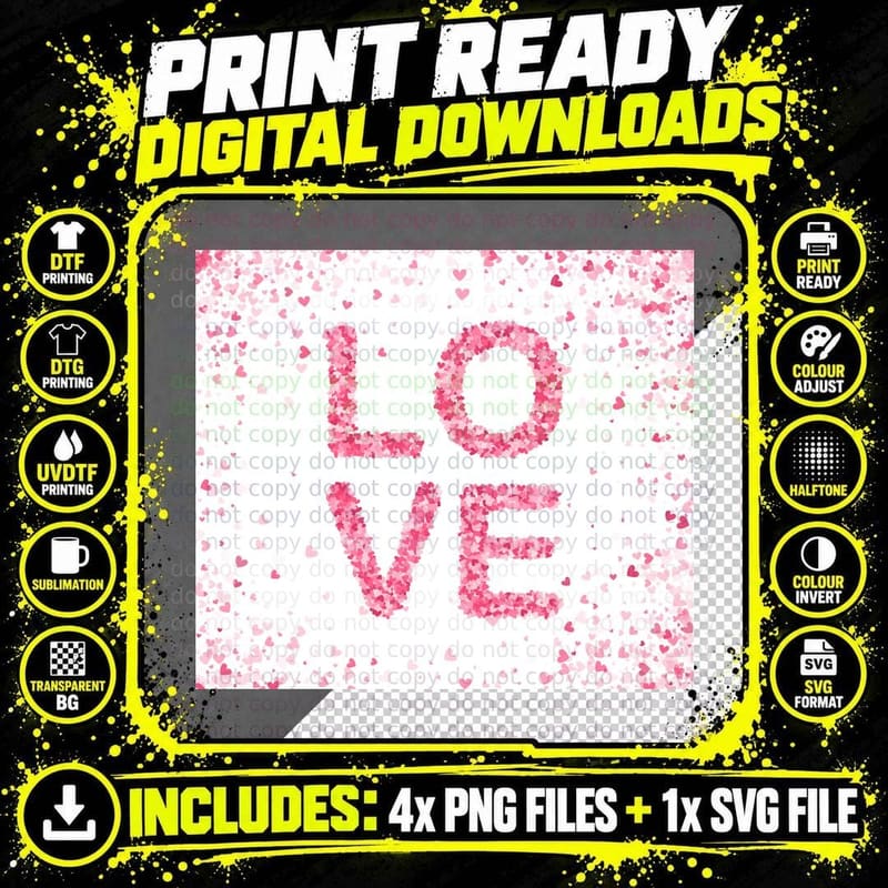 Love Glitter Pink Heart Message Confetti T-Shirt Png SVG Digital Bundle