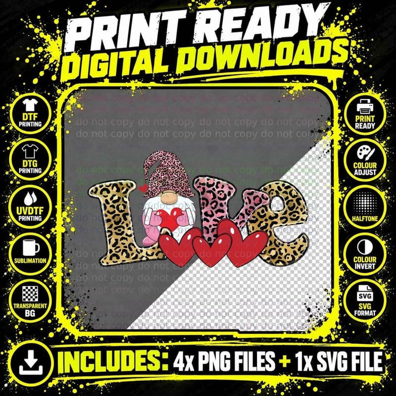 Love Gnome Character Leopard Print Red Hearts Cute Png SVG Digital Bundle