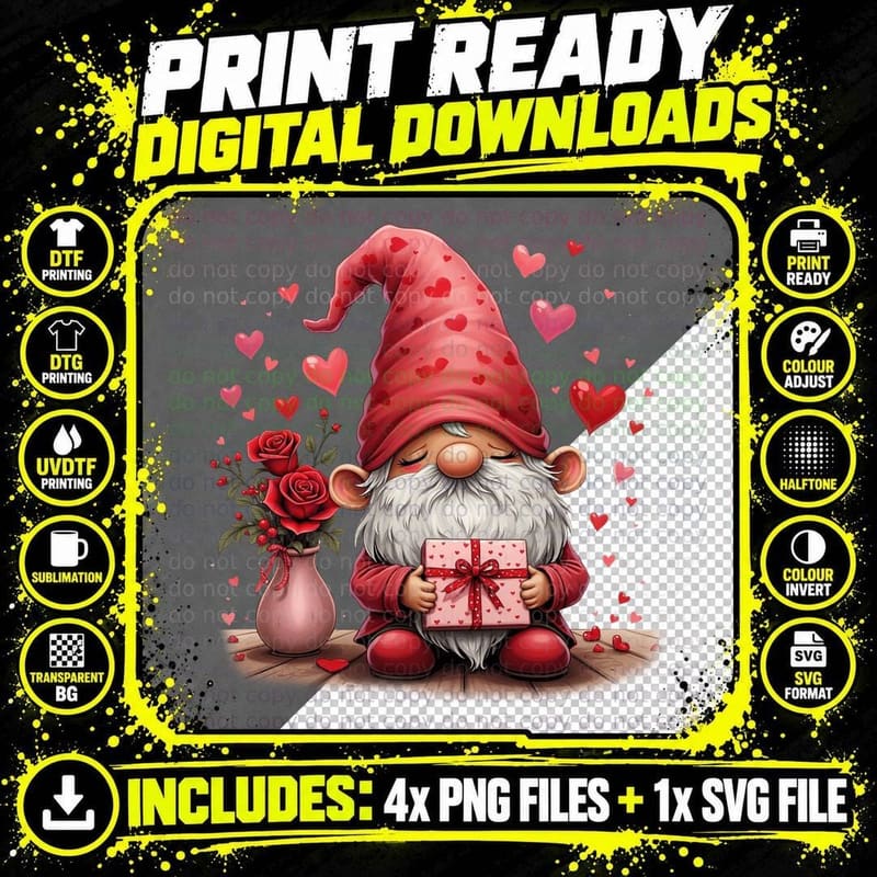 Love Gnome Holding Gift Red Roses Valentine T-Shirt Png SVG Digital Bundle