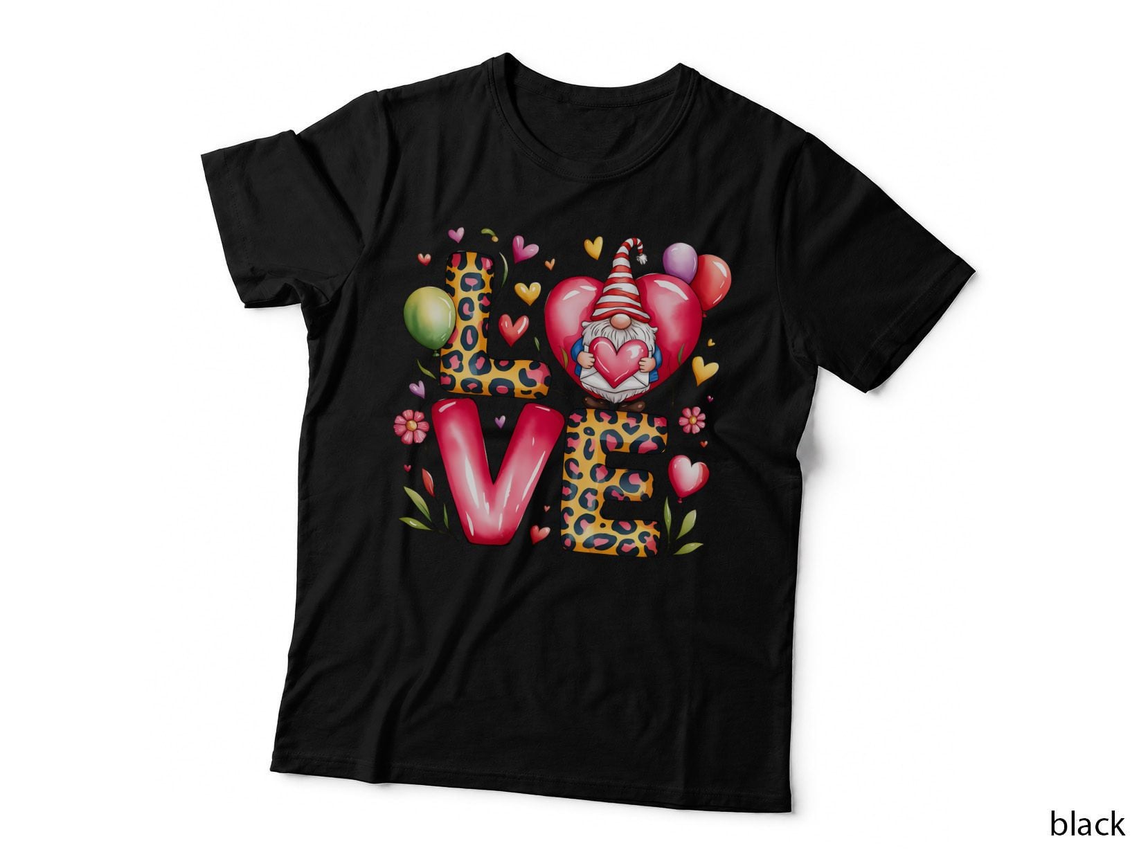 Love Gnome with Heart Balloons Leopard Print Whimsical T-Shirt