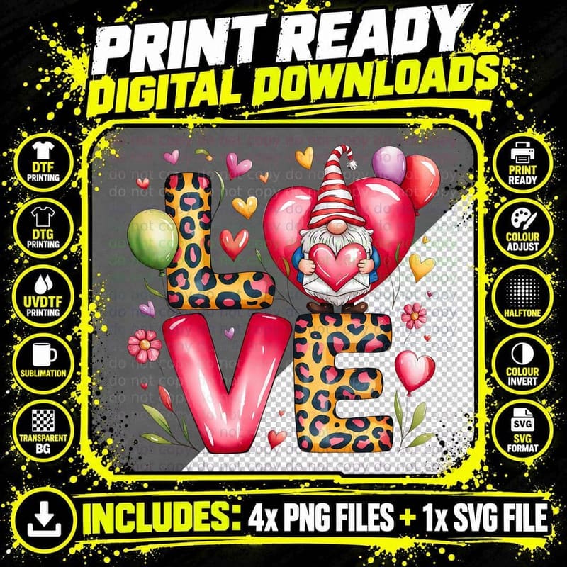 Love Gnome with Heart Balloons Leopard Print Whimsical Png SVG Digital Bundle