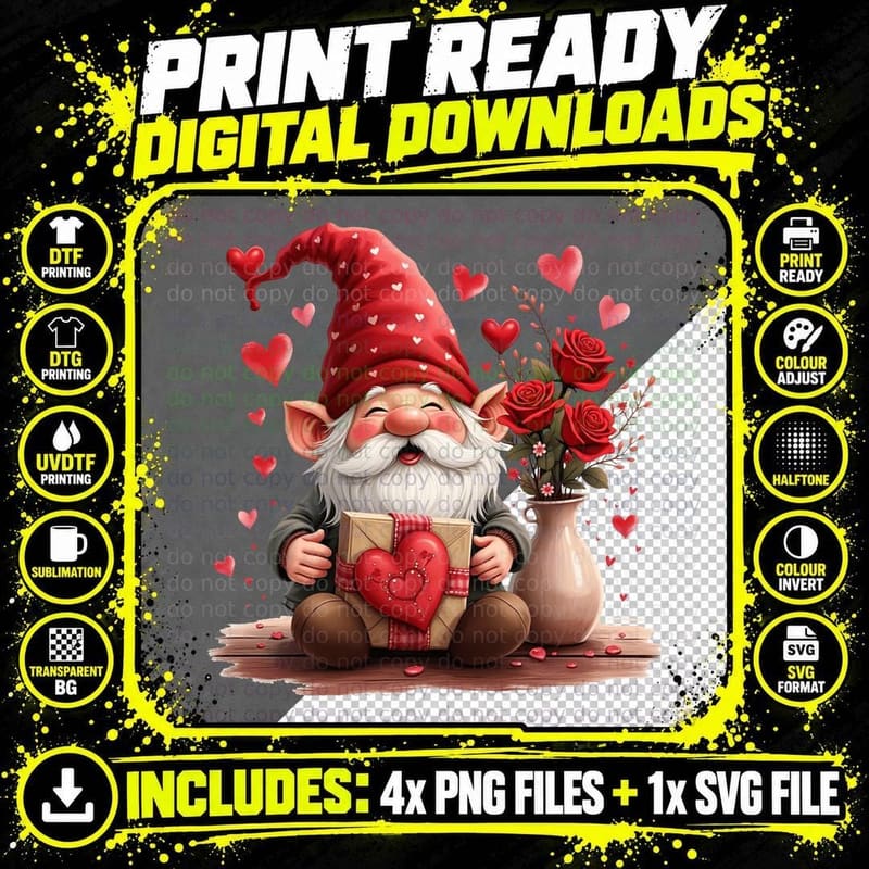 Love Gnome with Heart Gift Red Roses Valentine T-Shirt Png SVG Digital Bundle