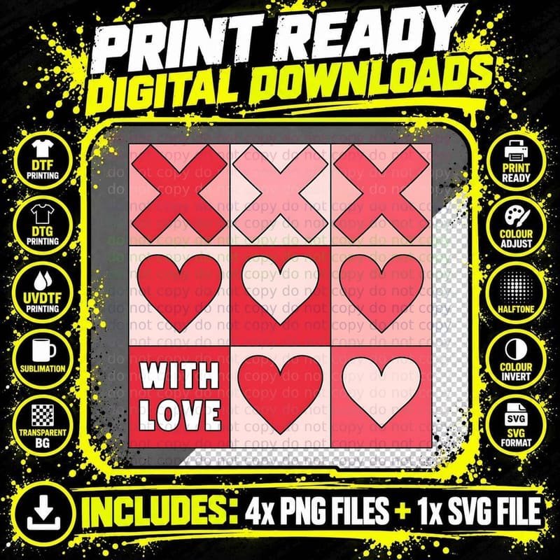 Love Grid with Tic-Tac-Toe Hearts X Symbols Sketch Style Png SVG Digital Bundle