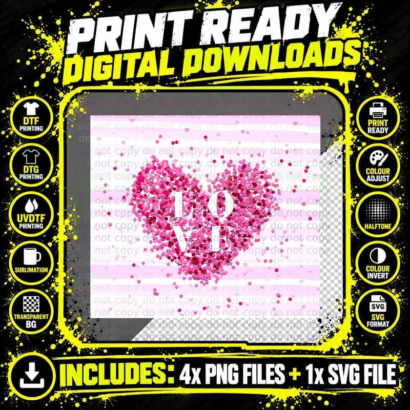 Love Heart Pink Glitter Outline Romantic T-Shirt Png SVG Digital Bundle