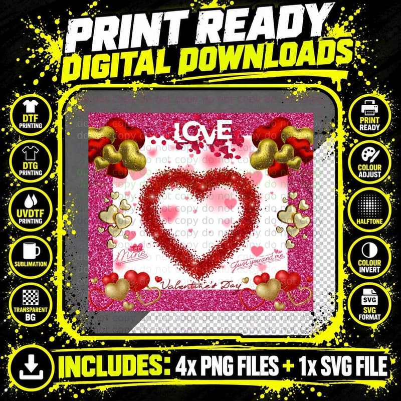Love Heart Pink Magenta Glitter Romantic Gold T-Shirt Png SVG Digital Bundle