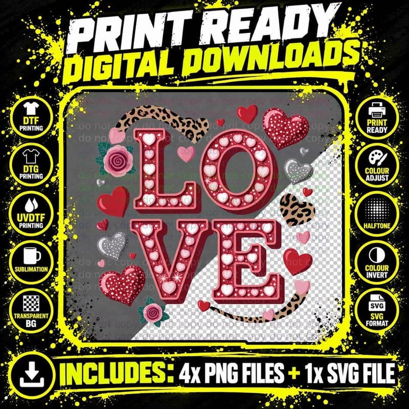 Love Heart Red Letters Leopard Pattern Animal Print Png SVG Digital Bundle