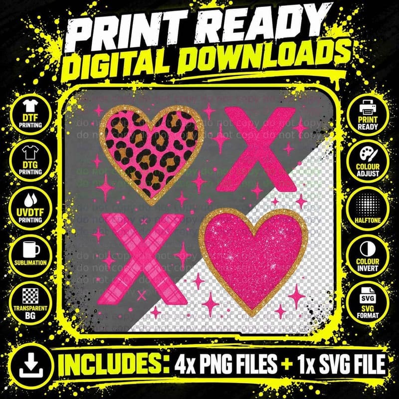 Love Heart X Pink Hearts Xo Pattern Glitter Tic-Tac-Toe Png SVG Digital Bundle