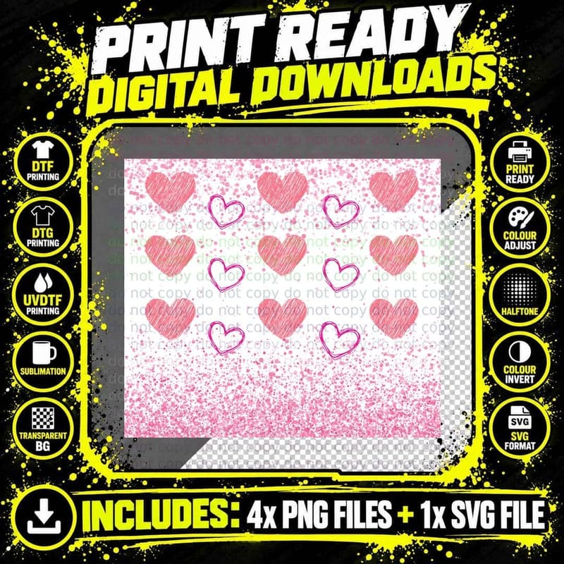 Love Hearts Pink Outline Sketch Sparkle Pattern T-Shirt Png SVG Digital Bundle