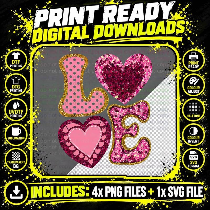 Love Hearts with Gold Glitter Outline Sparkly T-Shirt Png SVG Digital Bundle