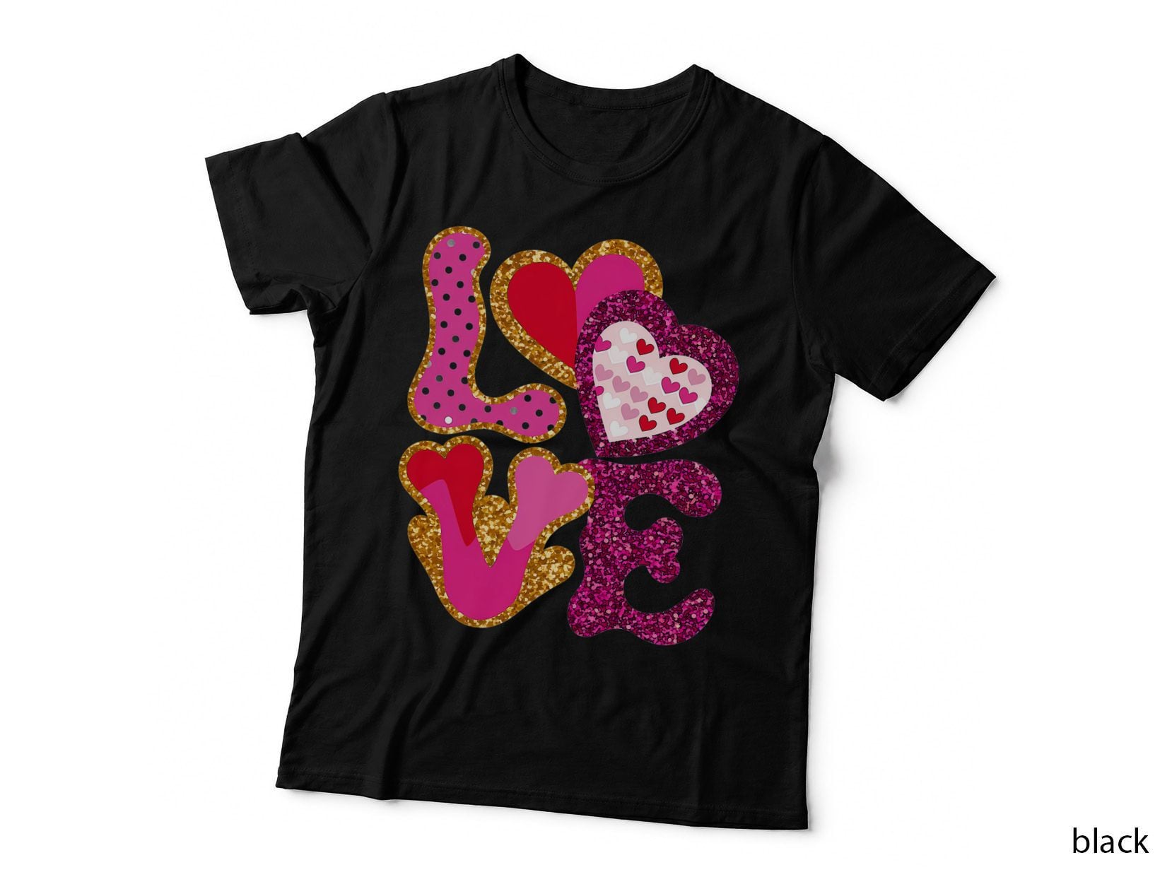 Love Hearts with Gold Glitter Sequin Sparkle Glamorous T-Shirt