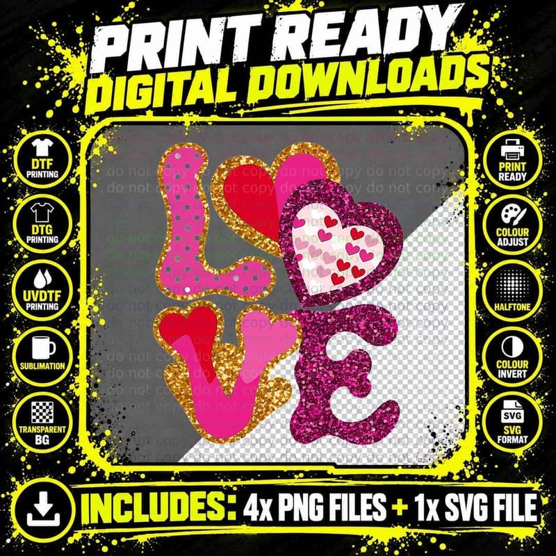 Love Hearts with Gold Glitter Sequin Sparkle Glamorous Png SVG Digital Bundle