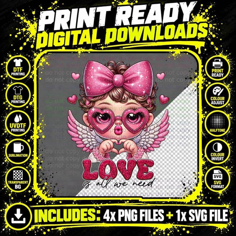Love Is All We Need Cupid Angel Pink Sparkle T-Shirt Png SVG Digital Bundle