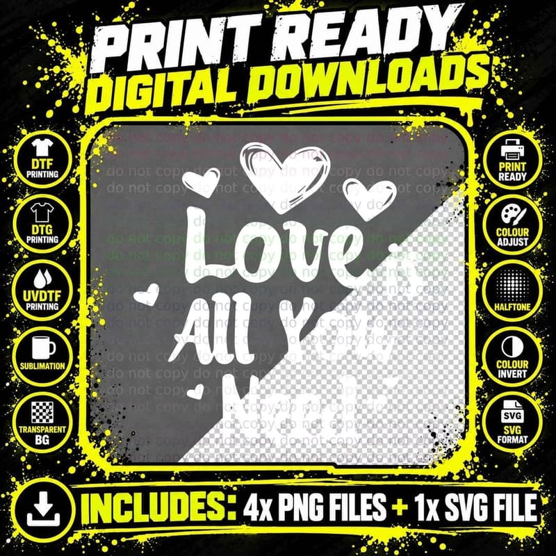 Love Is All You Need Text Hearts Silhouette Png SVG Digital Bundle