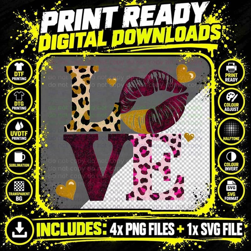 Love Kiss Lips Leopard Print Gold Hearts Patterned Png SVG Digital Bundle