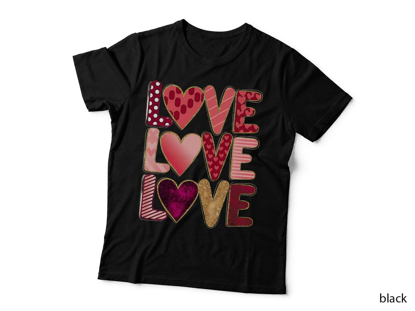 Love Layered Triple Text Patterned Hearts Stacked Design T-Shirt