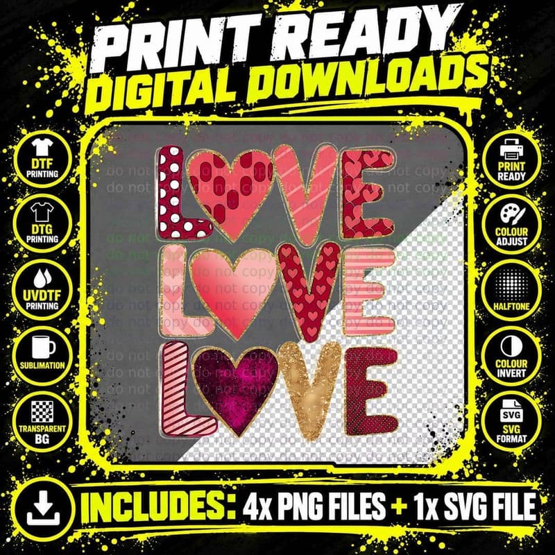 Love Layered Triple Text Patterned Hearts Stacked Design Png SVG Digital Bundle