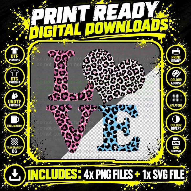 Love Leopard Cheetah XOXO Animal Print Romantic Text Png SVG Digital Bundle