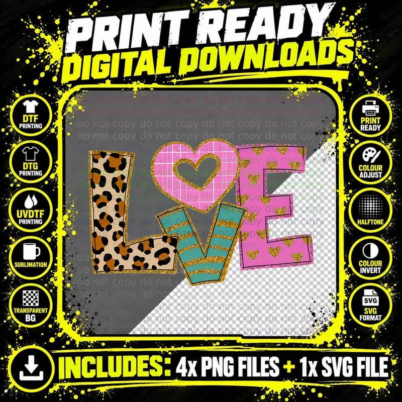 Love Leopard Print Layered Gold Glitter Trendy T-Shirt Png SVG Digital Bundle
