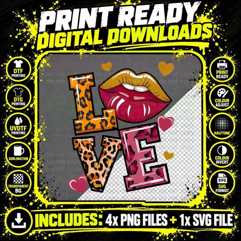 Love Leopard Print Outline Letters Gold Heart Glitter Png SVG Digital Bundle
