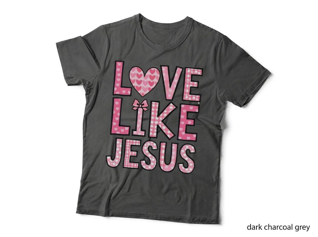 Love Like Jesus Pink Checkered Heart Bow Valentine Outline T-Shirt