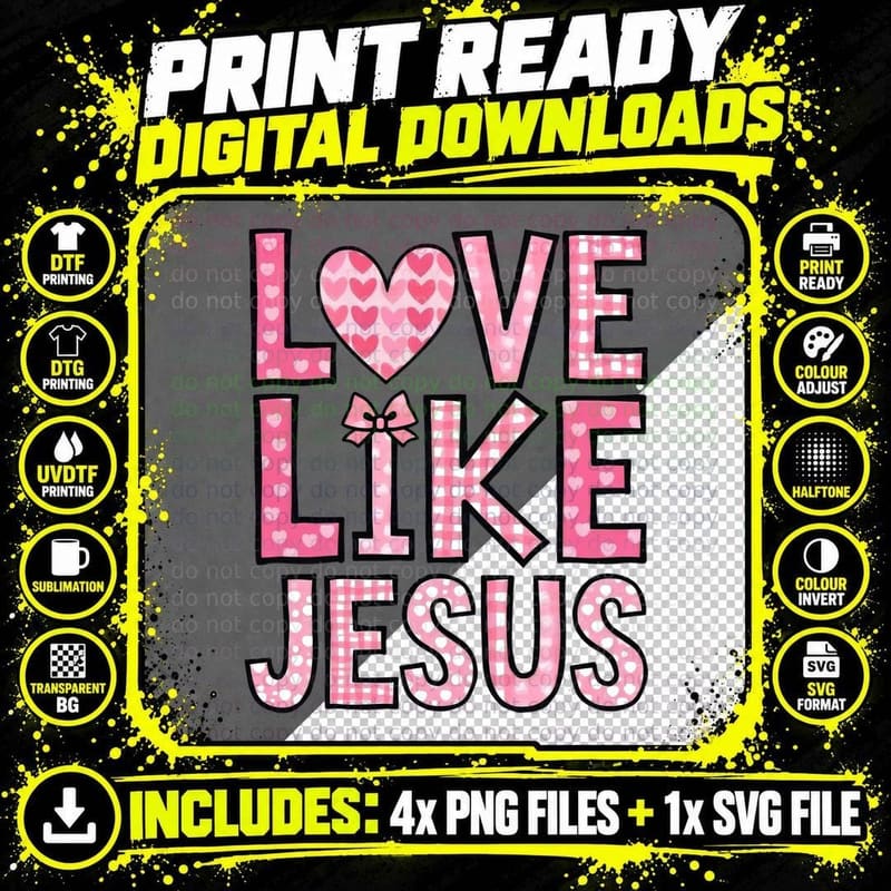 Love Like Jesus Pink Checkered Heart Bow Valentine Png SVG Digital Bundle