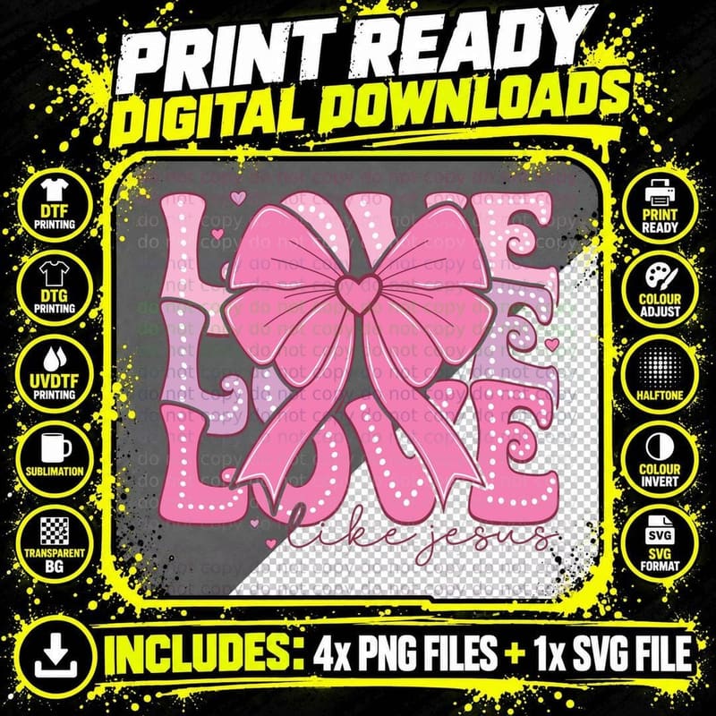 Love Like Jesus Pink Dotted Bow Christian Valentine Png SVG Digital Bundle