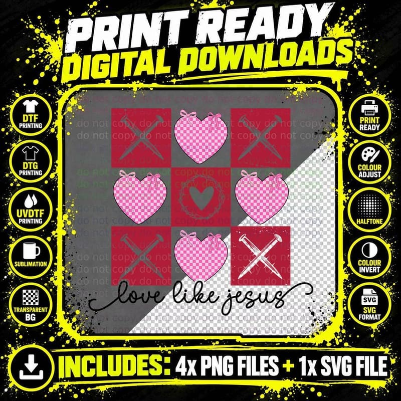 Love Like Jesus Tic-Tac-Toe Hearts Checkered Valentine Png SVG Digital Bundle