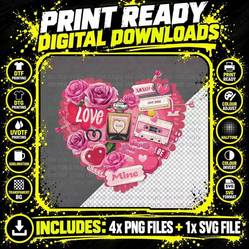Love Mine XOXO Perfume Bottle Pink Roses Heart Gloss Png SVG Digital Bundle