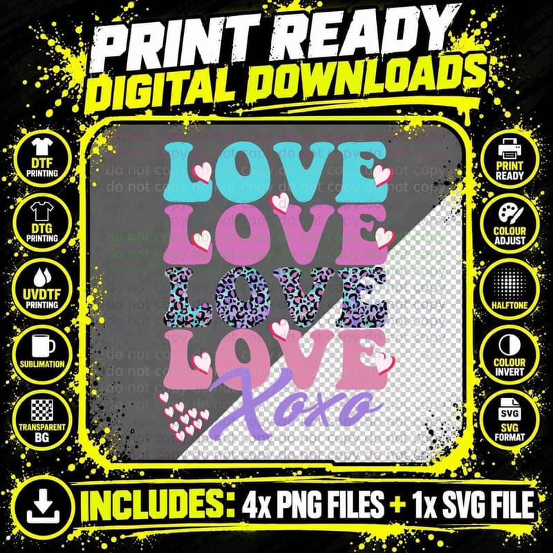 Love Multicolor XOXO Leopard and Pastel Colors Mixed Png SVG Digital Bundle