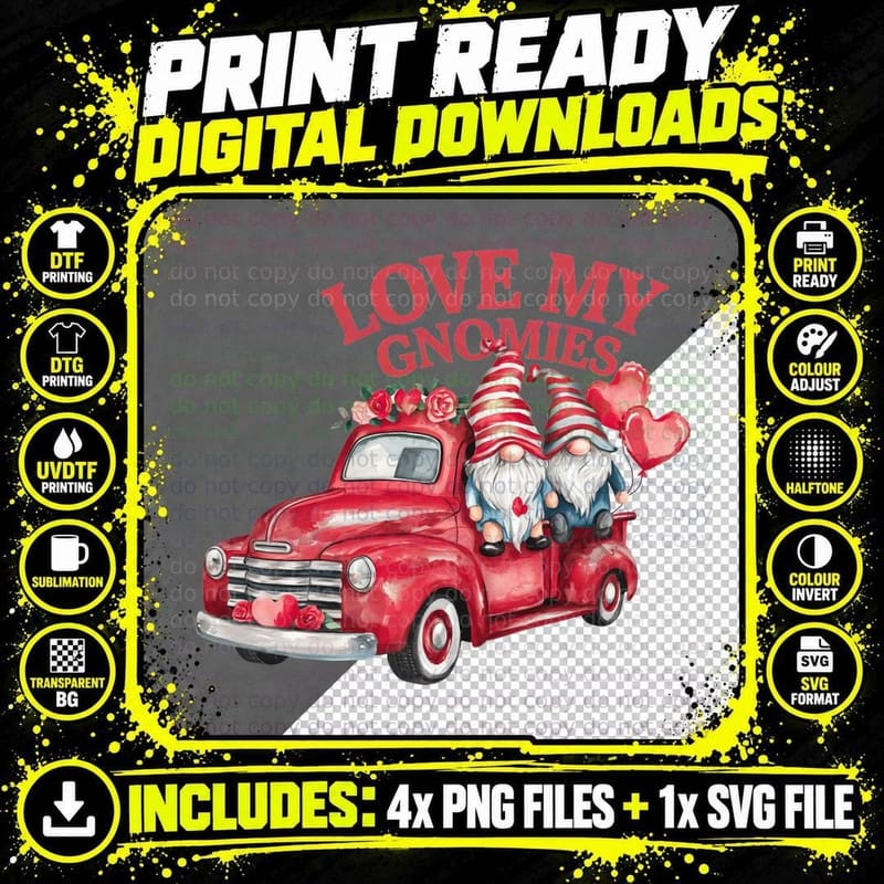 Love My Gnomies Truck Gnomes Red Flowers Pink Png SVG Digital Bundle