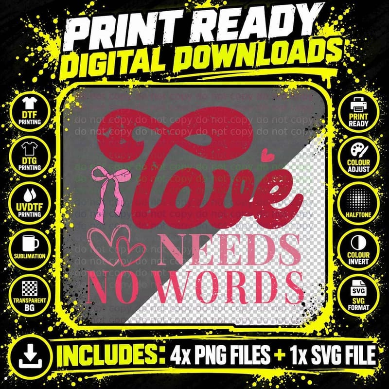 Love Needs No Words Bow Glitter Heart Pink Valentine Png SVG Digital Bundle