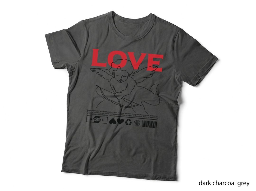 Love Never Dies a Natural Death Angel Cupid Red Hearts Social Tag T-Shirt