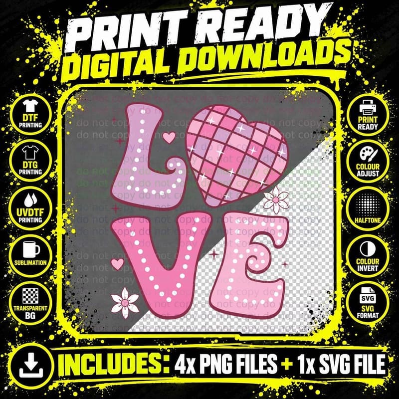 Love Pink Bubble Letters Cross and Heart Girly T-Shirt Png SVG Digital Bundle