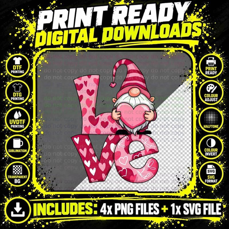 Love Pink Gnome Holding Heart with Bow Valentine's Png SVG Digital Bundle