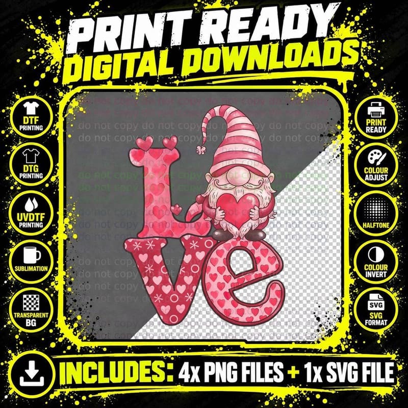 Love Pink Gnome with Big Heart Striped Hat Valentine Png SVG Digital Bundle