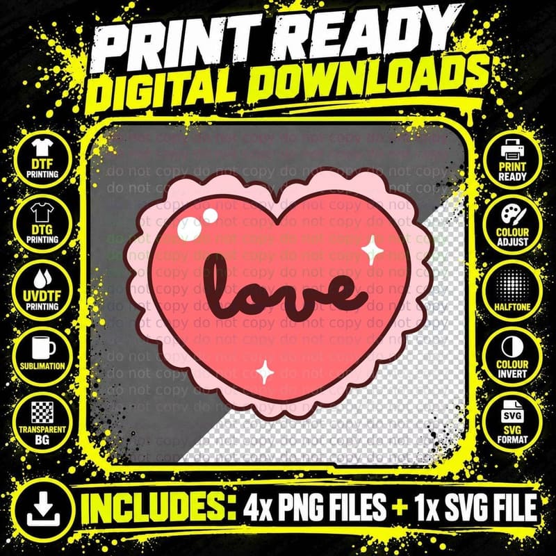 Love Pink Scalloped Heart Sparkle T-Shirt Png SVG Digital Bundle
