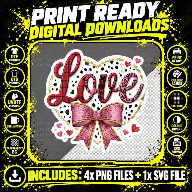 Love Polka Bow Pink Gold Hearts Pattern T-Shirt Png SVG Digital Bundle
