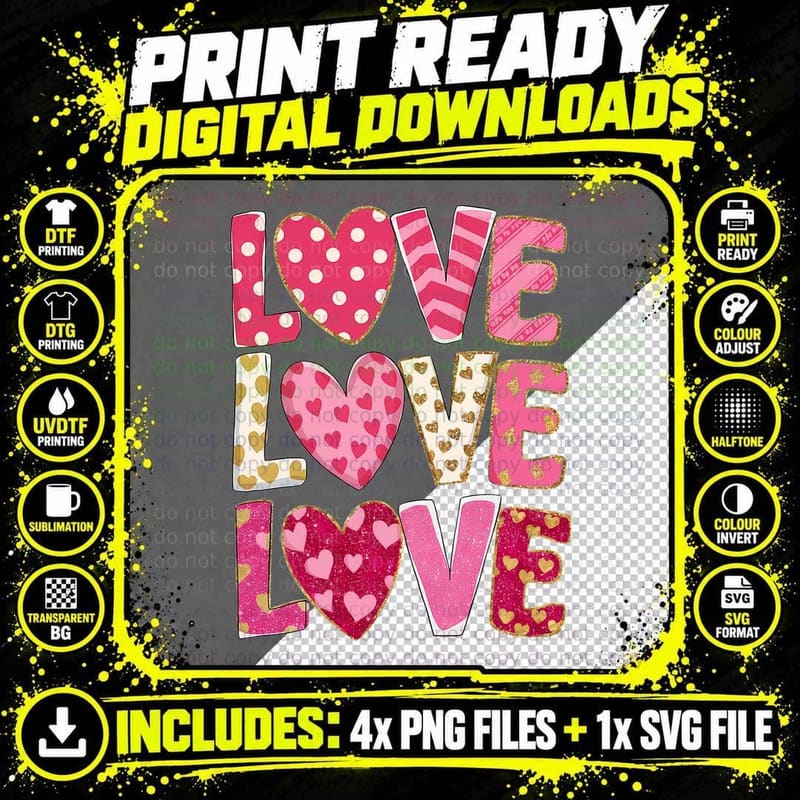 Love Triple Stacked Text Patterned Colorful Glitter Png SVG Digital Bundle