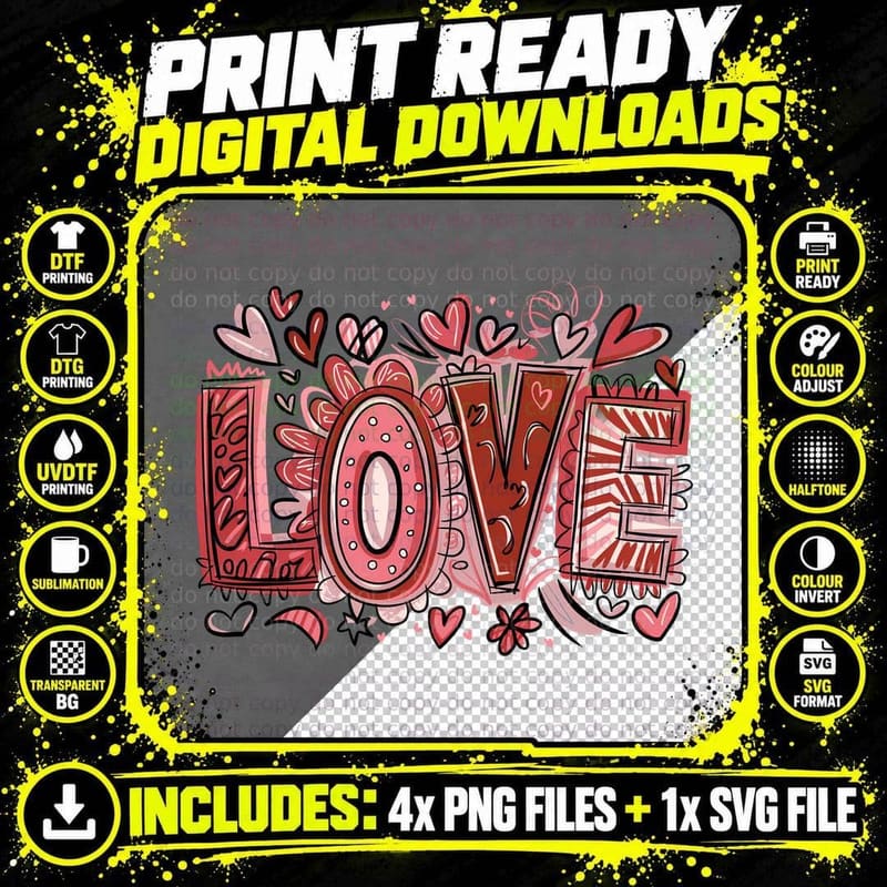 Love Typography Large Ornate Hearts Flowers Design Png SVG Digital Bundle