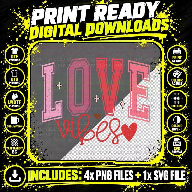 Love Vibes Cursive Handwriting Pink Red Hearts Valentine Png SVG Digital Bundle
