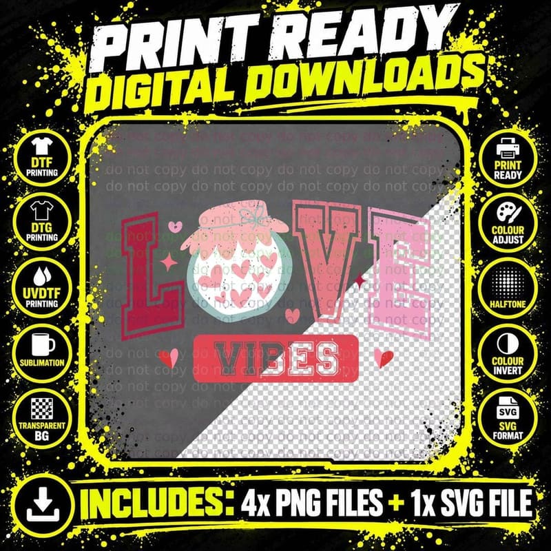 Love Vibes Heart Shaped Potion Glitter Pink Valentine Png SVG Digital Bundle