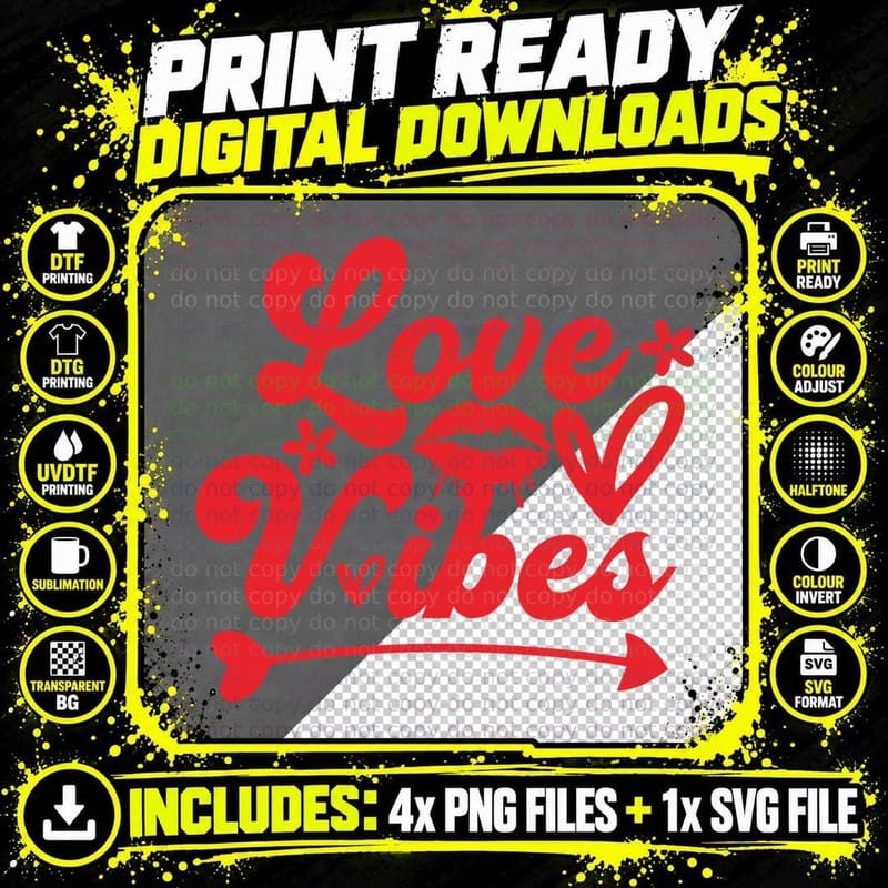 Love Vibes Heart Text with Arrows Modern Casual T-Shirt Png SVG Digital Bundle