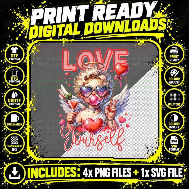 Love Yourself Angel Wings Heart T-Shirt Png SVG Digital Bundle