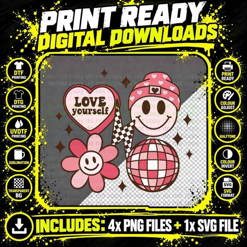 Love Yourself Smiling Flower Disco Ball Hearts Png SVG Digital Bundle