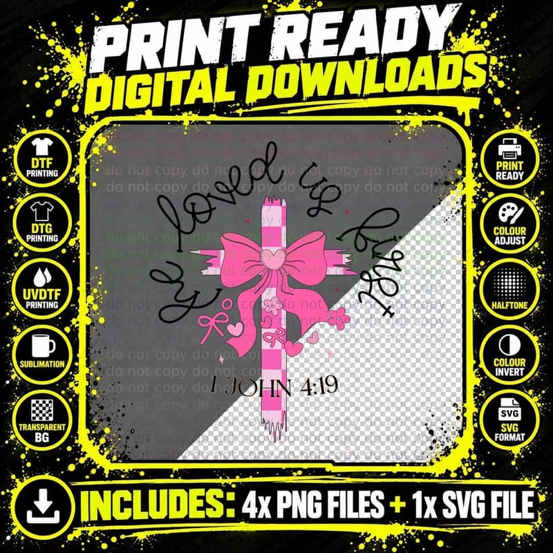 Loved Cross Bow You US for 1 John 4 19 Pink Checkered Png SVG Digital Bundle