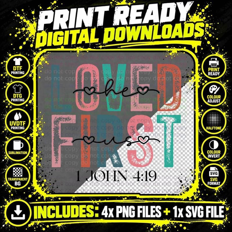 Loved First 1 John 4 19 Pink Blue Ombre Checkered Png SVG Digital Bundle