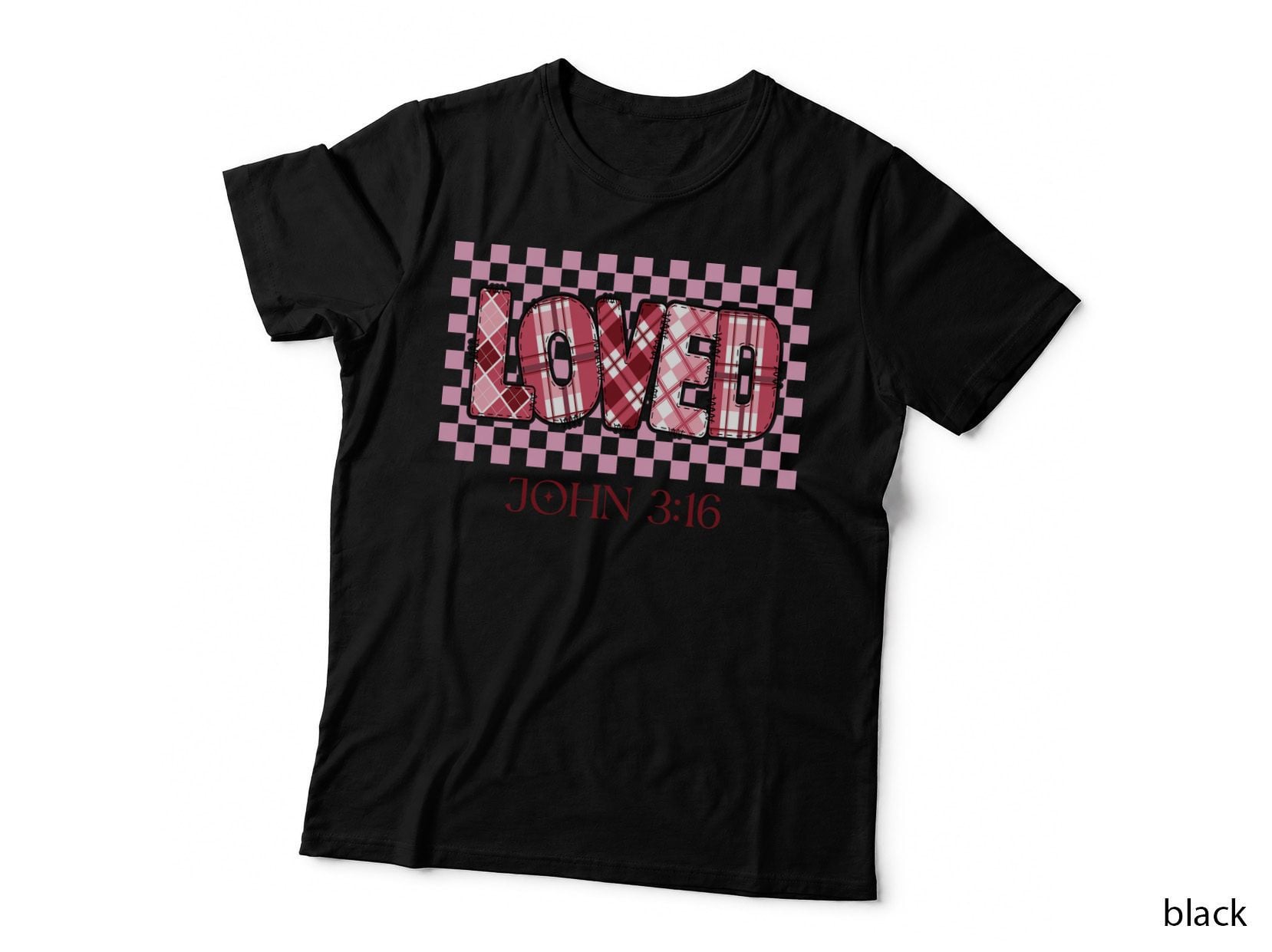 Loved John 3 16 Checkered Heart Cross Stitched Pink Teal Ombre T-Shirt