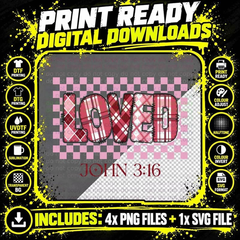 Loved John 3 16 Checkered Heart Cross Stitched Pink Teal Png SVG Digital Bundle