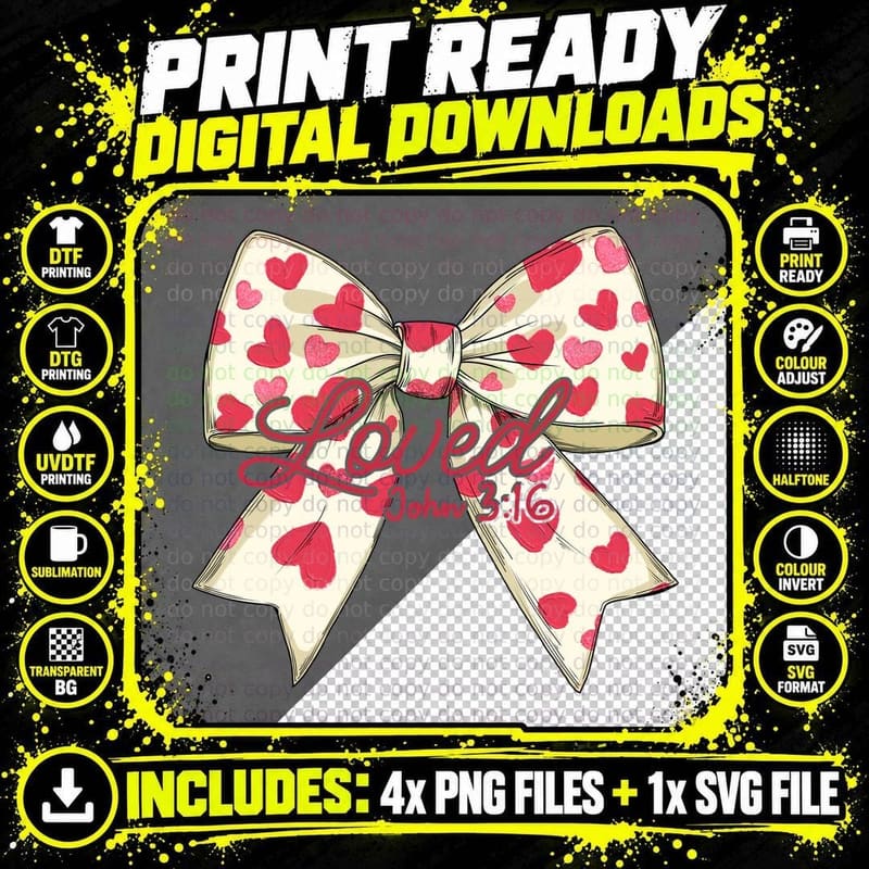 Loved John 3 16 Cream Bow with Red Hearts Romantic Png SVG Digital Bundle